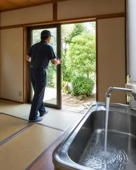 空き家の窓を開けて風を通す管理員と、水を流している台所の蛇口