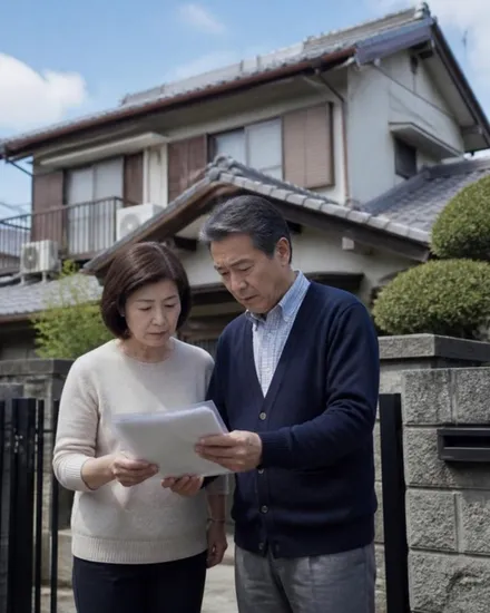実家の前で書類を見る50代の夫婦