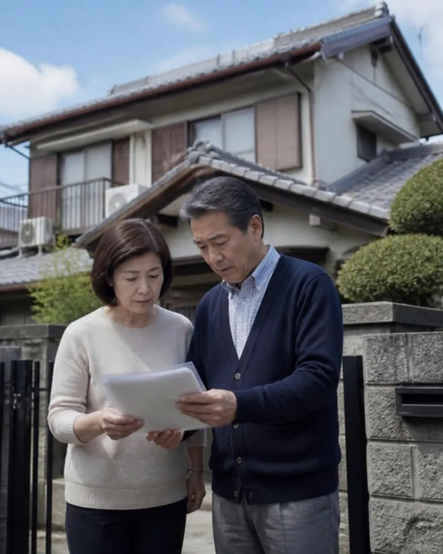 実家の前で書類を見る家族