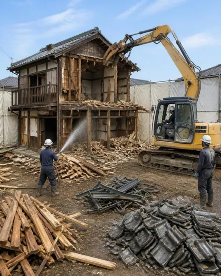 木造住宅の解体現場。重機と、分別された廃材