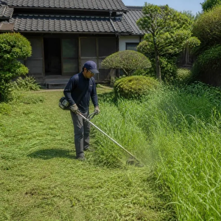 伸びた雑草と庭木が道路にはみ出した空き家（イメージ）