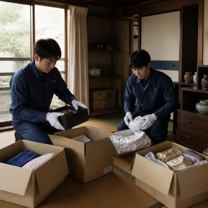家族と作業員が家財を仕分ける場面(イメージ)